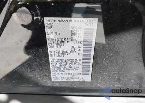2017 Nissan Rogue Sv z USA, uszkodzony, nr VIN 5N1AT2MT3HC833809